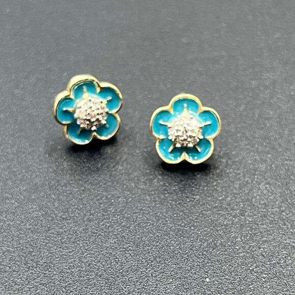 14K Gold Diamond Flower Stud Earrings Blue Turquoise Enamel Mexico 10mm 1.7g - Picture 1 of 10